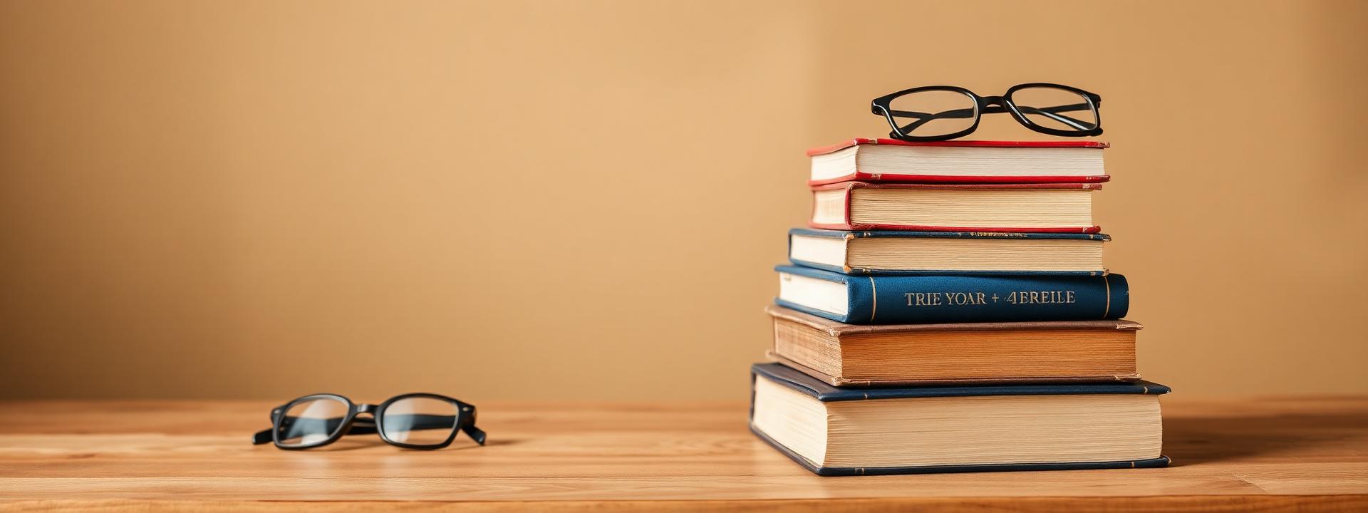 Pilha de livros antigos com óculos de leitura