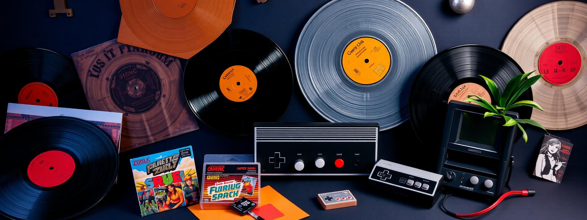 Discos de vinil e cartuchos de videogame antigos