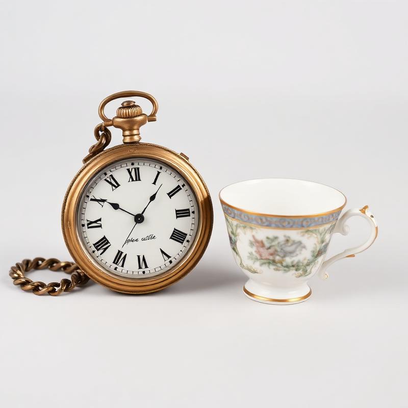 Relógio de bolso em latão e xícara de porcelana inglesa